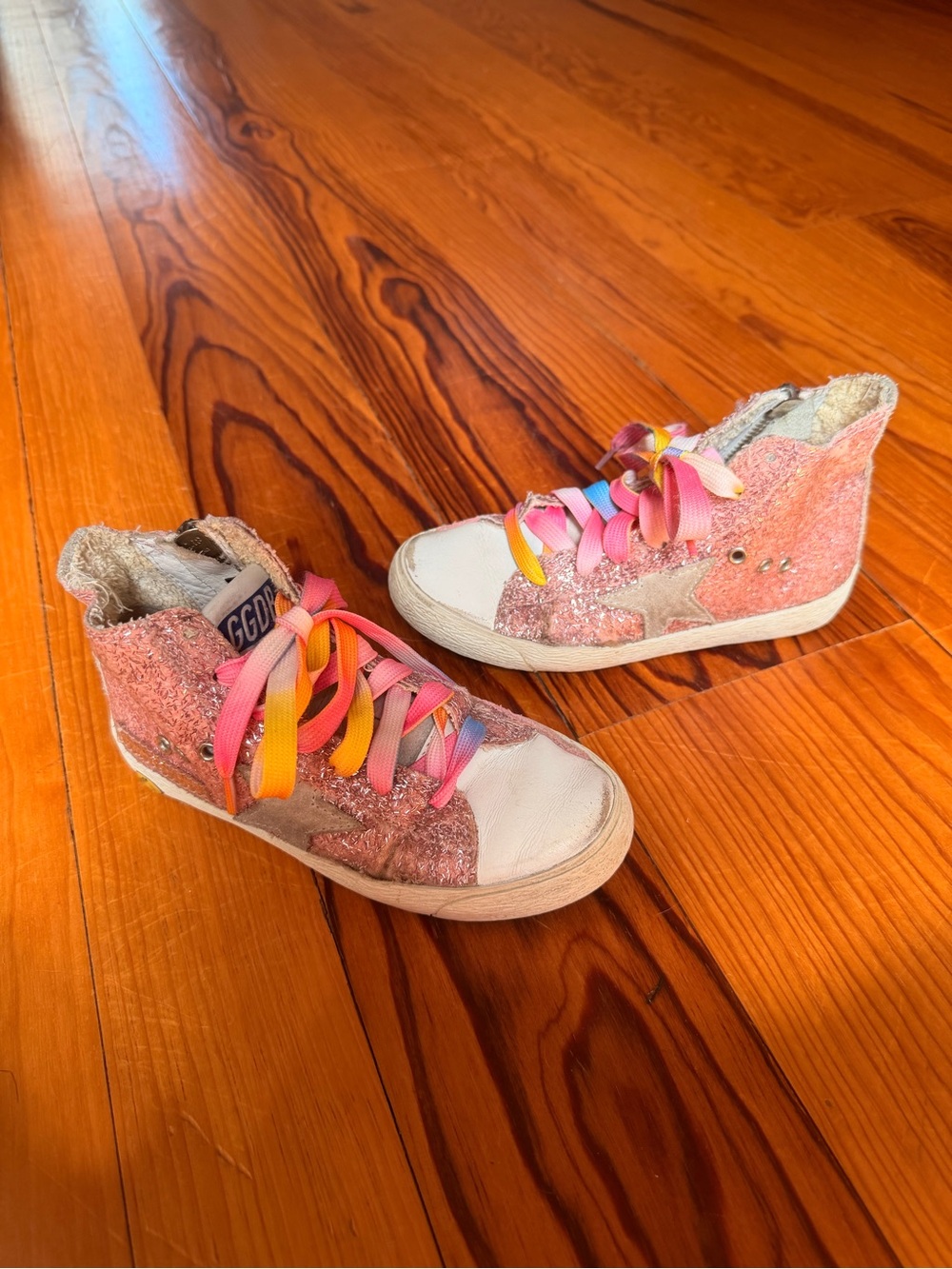 Golden Goose Kids Pink Glitter High-Tops with Rainbow Ribbon Laces